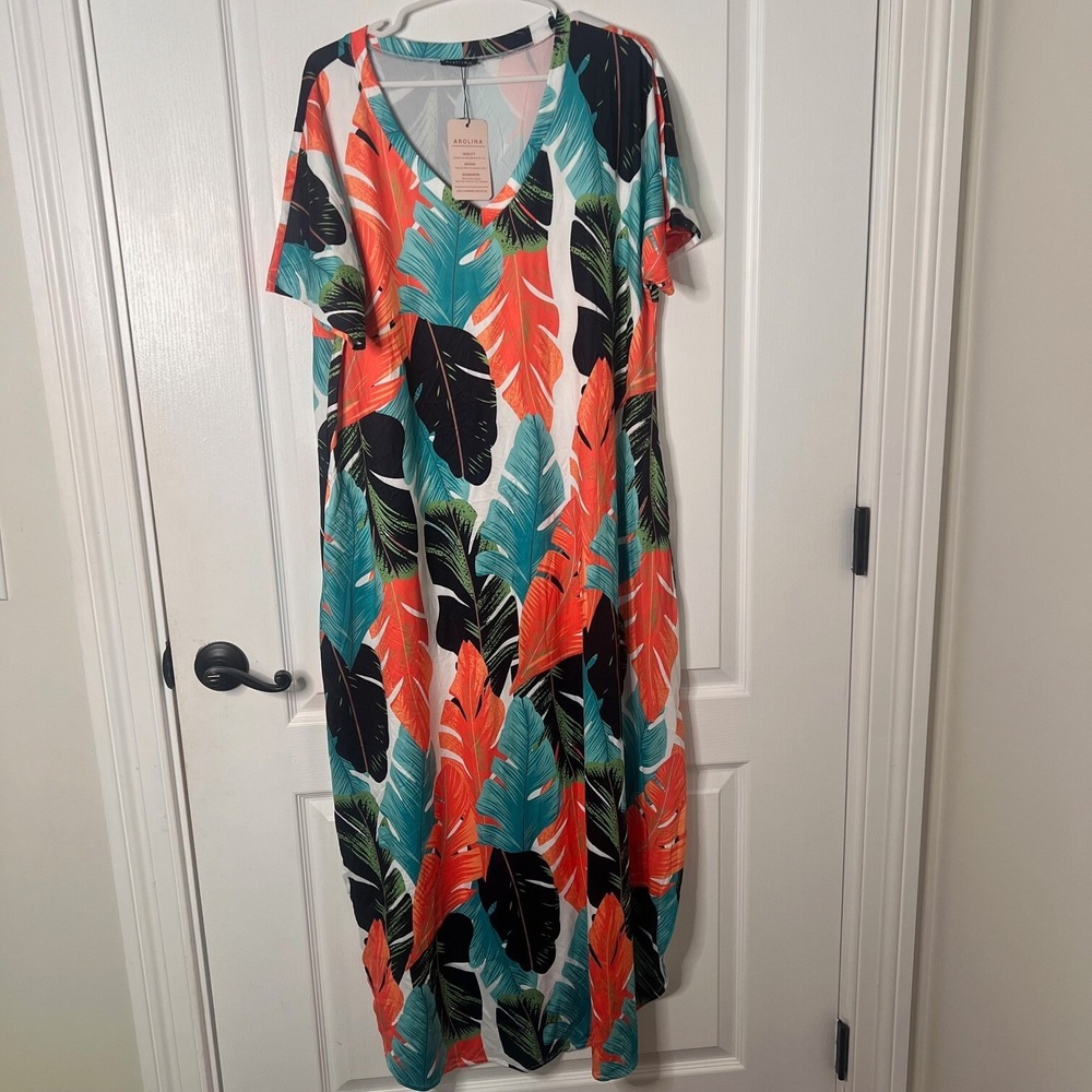 Arolina‎ Tropical Palm Leaf Print V-Neck Maxi Dress XXL Short Sleeve Teal Orange